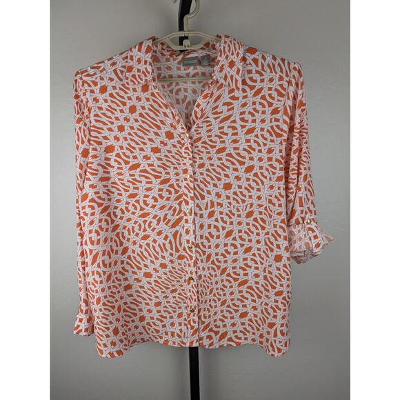 Chico's 3 XL Orange Print Collared Long Roll Tab Sleeve Button Front Blouse - Picture 1 of 7